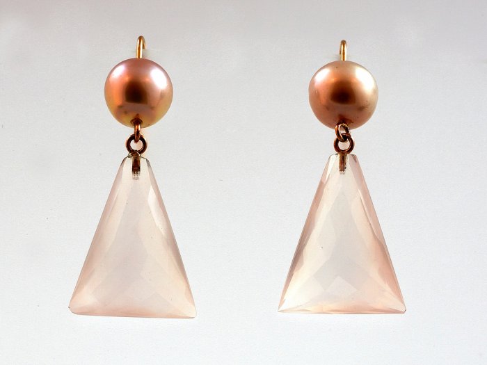 Pink Quartz Triangle & Pearl Earrings