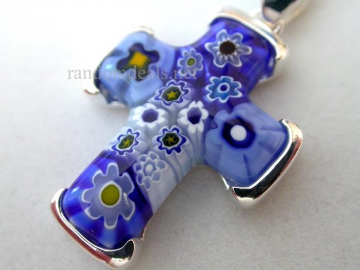 BLUE Murano Glass CROSS with Sterling Silver Pendant