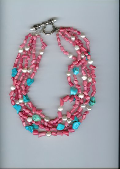 Pink Coral, Turquoise & Pearls Necklace