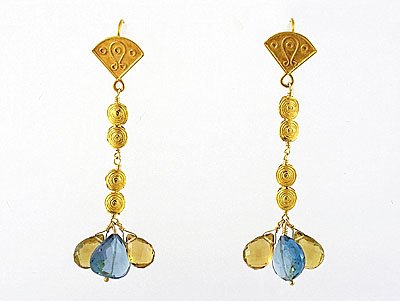 Cognac Quartz Droplets, Blue Topaz & 18k Gold