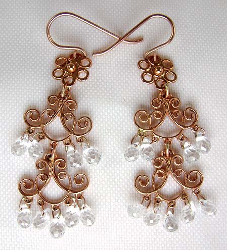Pink Gold Filigree Earrings with White Topaz Droplets