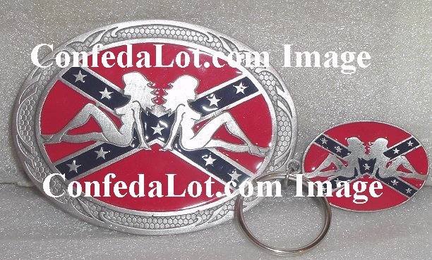Confederate Flag Sexy Chik Belt Buckle and Key Chain Set NEW
