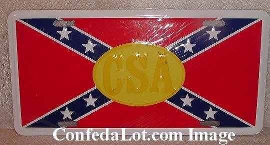 Confederate Flag CSA License Tag centered with OvaL Gold Raised Letter CSA NEW
