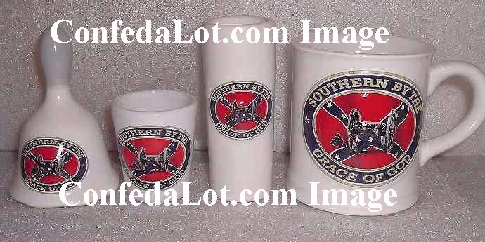4 pc Embossed Confederate Fine Porcelain Southern By The Grace of God Mug,Shooter,Shot Glass,Bell