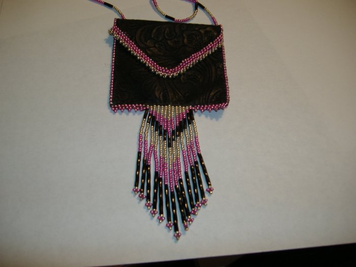 Pink and Silver Beaded Embossed Faux Leather Amulet Bag
