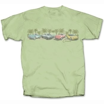 Corvettes Among the Palms on a Sage Green T-Shirt - L