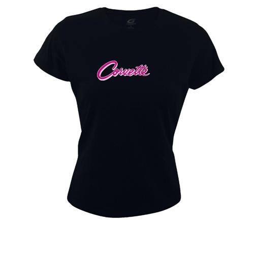 Women's Corvette Script Black Shirt with Pink Rhinestones - XL