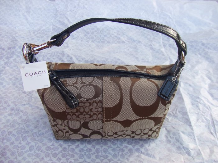 authentic Coach khaki signature soho patchwork pouch purse with black patent leather handle 41518