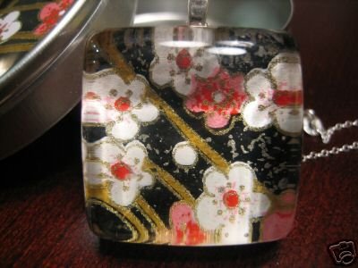 Handmade Japanese Glass Pendant Flowers w Matching Gift
