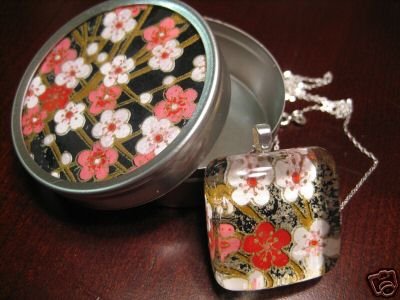 Handmade Japanese Glass Pendant Flowers w Matching Gift