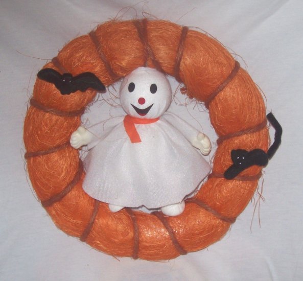 Halloween -Orange Door Wreath w/ ghost