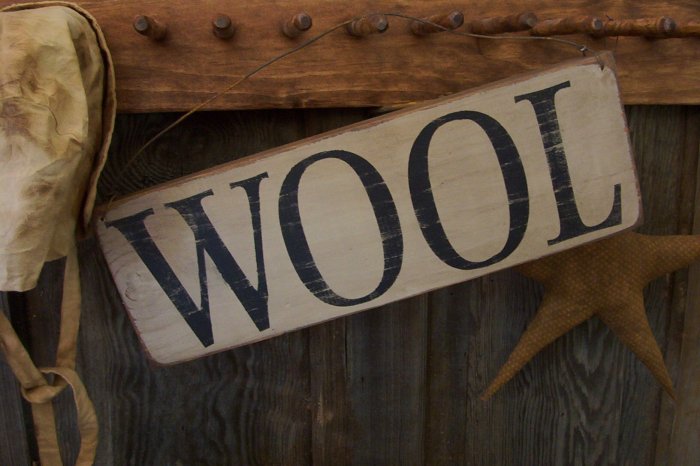 Primitive...Olde style aged wood sign.....WOOL