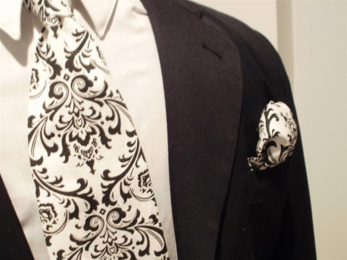 Mens Damask Black and White Tie Necktie and Pocket Square Set Madison