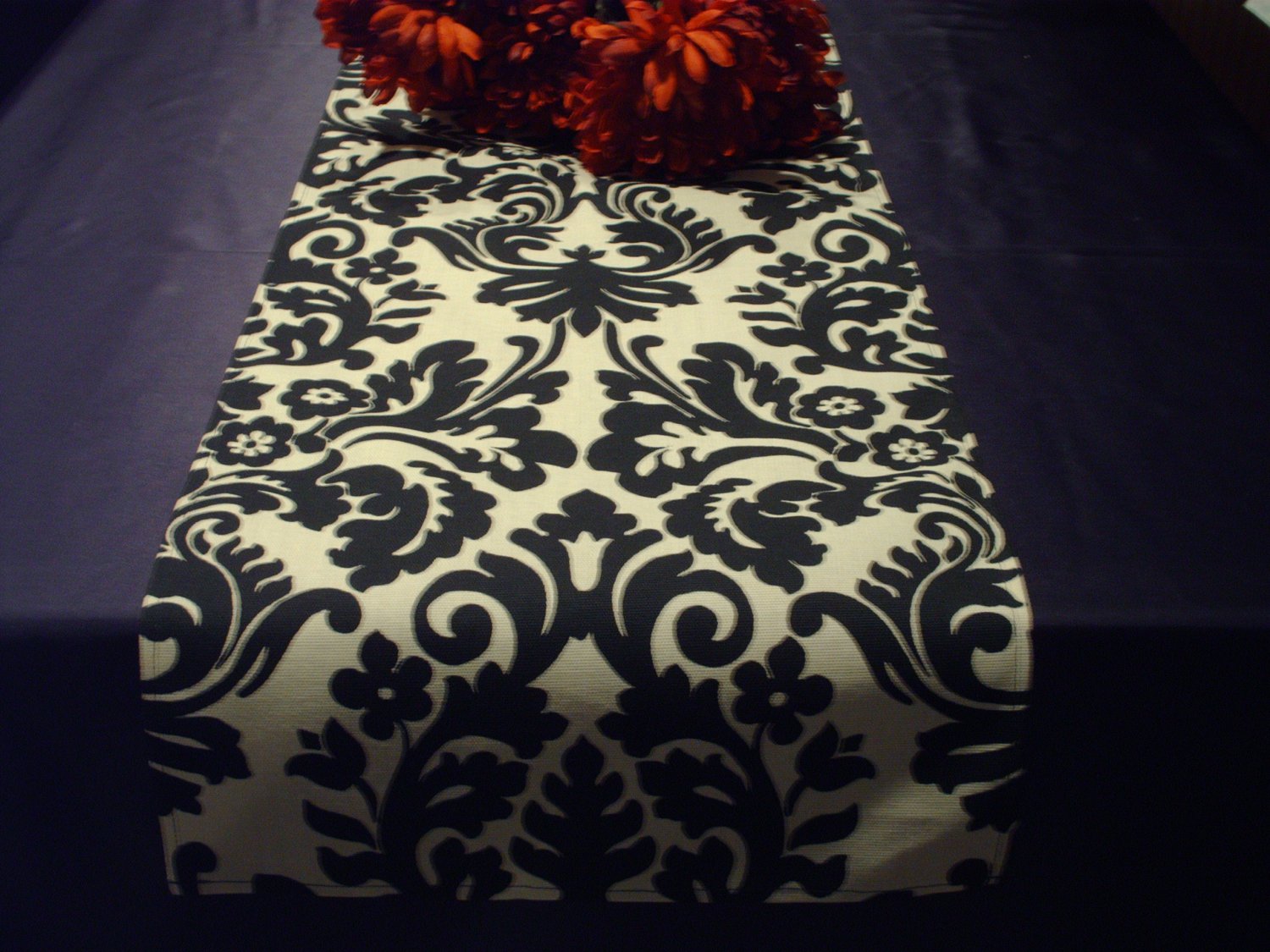 damask table runner 48" weddings bridal black cream 4 feet Waverly onyx