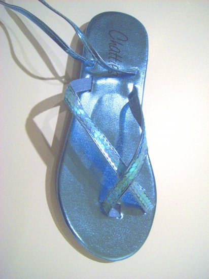 Women Blue Metallic Sequin Gladiator Sandals Flats Shoes Ankle Wrap Up Size 11
