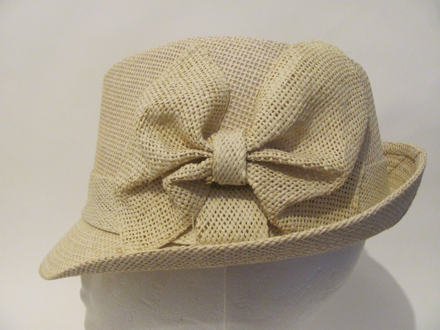 Women Stingy Brim Natural Bow Straw Fedora Hat Cap S/M