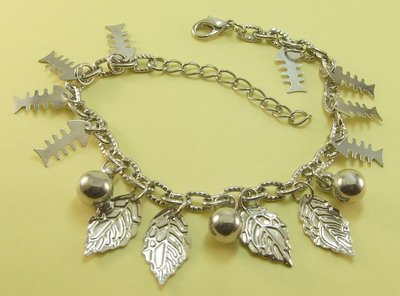 Fishbones Leaf Leaves Balls Rhodium Anklet / Bracelet