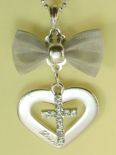 Bow Christian Cross Love Heart Pendant Charm Rhodium Chain Necklace