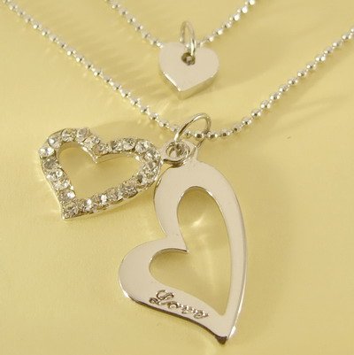 LOVE Engrave Triple Hearts Pendant Double Chain Necklace