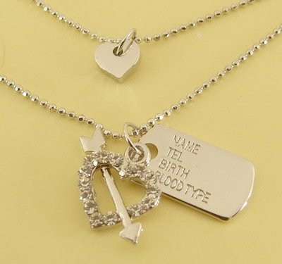 Arrow through Heart & Tag Pendant Charm Double Chain Necklace