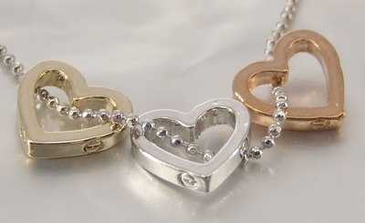 3 TONE Silver Gold Copper Hearts Pendants Charm Chain Necklace