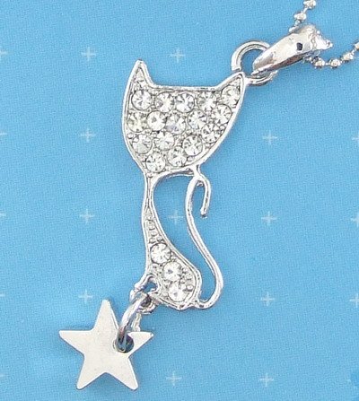 Sexy Star Cat Kitten Kitty Pendant Charm Rhodium Necklace Chain