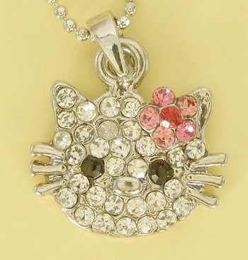 Kitty Cat Kitten Pink Flower Pendant Rhodium Charm Necklace