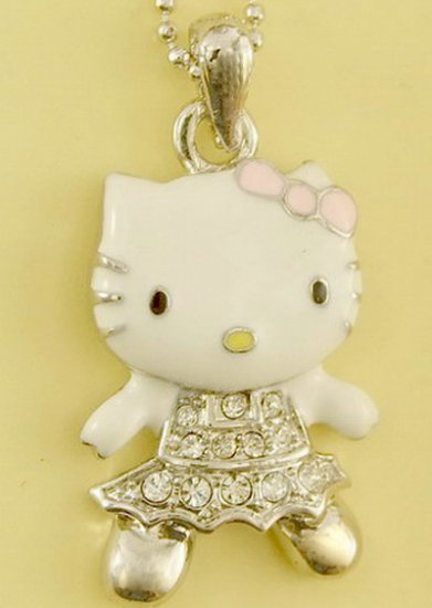 Hello Kitty Cat Kitten Pink Bow Pendant Charm Rhodium Chain Necklace