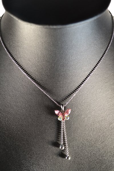 Mini Small Long tailed Pink Butterfly Animal Pendant Rhodium Chain Necklace