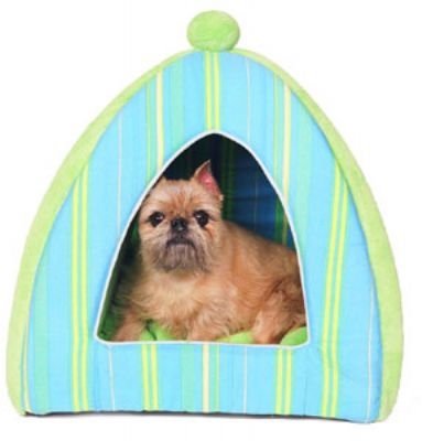 Blue & Lime Striped Plush Dog Tent Bed