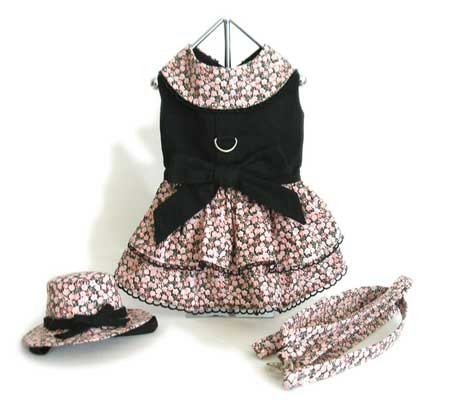 Small Black And Pink Rose Dog Dress With Matching Hat And Leash