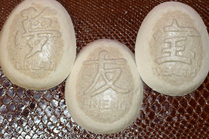 3 Handcrafted Almond Oatmeal Soaps in Chinese Character Designs (FRIEND, DREAM, WEALTH)