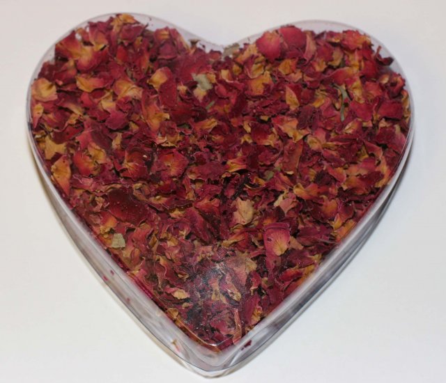 Freshly Dried Red Rose Petals in a Heart Shaped Box