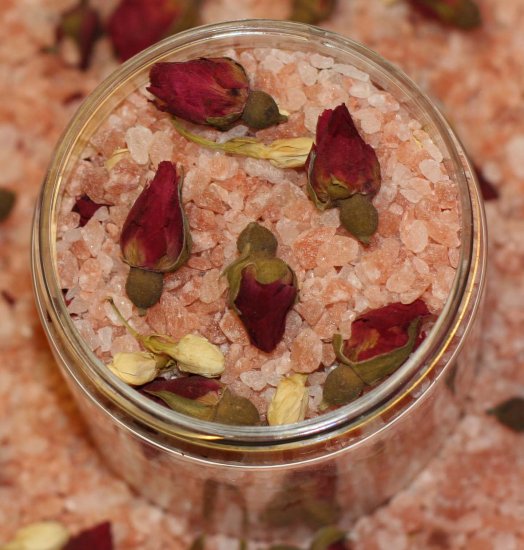 Natural 100% Pink Himalayan Bath Salts With Rose and Jasmine Buds and Infused with Jasmine Oil