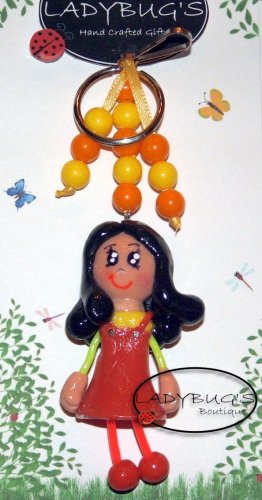 OOAK Handcrafted zipper pull Girl with black hair, orange and yellow dress