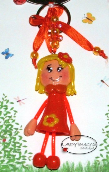 Unique Handcrafted zipper pull - Blond girl with orange dress