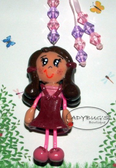 Unique Handcrafted zipper pull - Girl with purple and pink dress