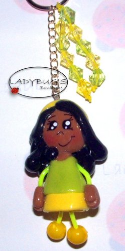 Unique Handcrafted zipper pull - AA Girl with yellow and green dress