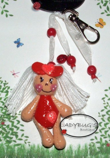 OOAK Handcrafted zipper pull - Red rag doll keychain
