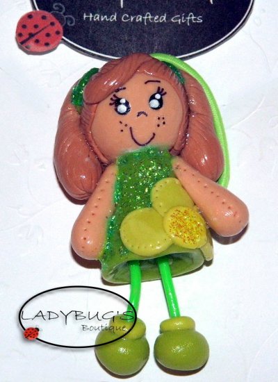 Unique handcrafted Ponytail Holder - Hairbow - Girl with green dress