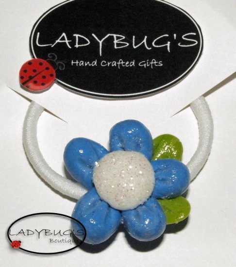Unique handcrafted Ponytail Holder - Hairbow - Blue Flower (2)