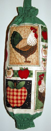 Plastic bag holder - Grocery bag recycler - Small rooster and apples - Green