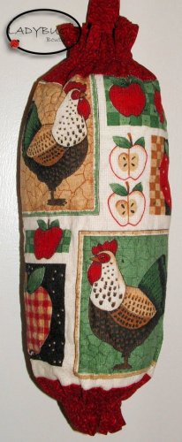 Plastic bag holder - Grocery bag recycler - Small rooster and apples - Red