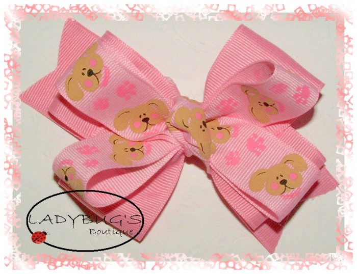 Custom Boutique hairbow - Baby Pink with puppies