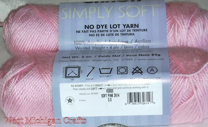 Caron Simply Soft Yarn No Dye Lot 3 oz Skeins ~ Soft Pink 2614