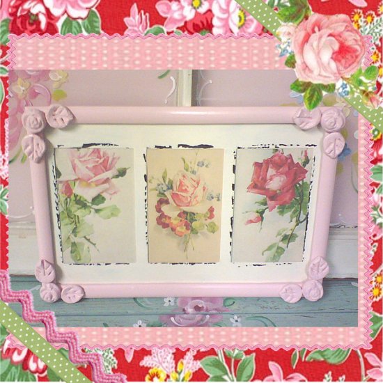 Cottage Sweet Picture Frame w Shabby Trio of Pink Roses!