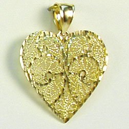 Large filigree heart pendant with diamond-cut sparkle 14K yellow solid gold valentine jewelry
