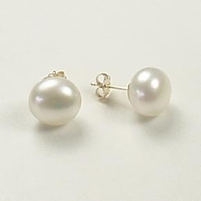 Freshwater button white pearl large round stud post earrings 14k yellow gold 10mm jewelry