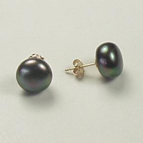 Freshwater button black pearl large round stud post earrings 14k yellow gold 10mm jewelry