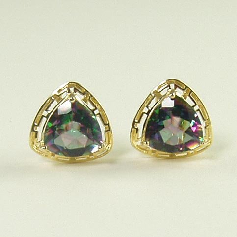 Fire mystic topaz earrings lever back omega Greek key frame triangle 14K yellow gold jewelry
